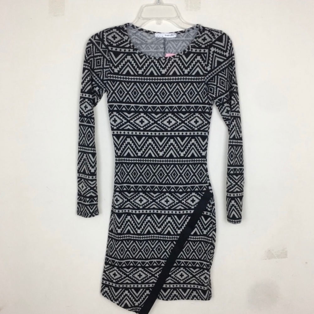 Tribal Print Asymmetrical Black and White Sweater Dress